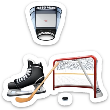 An icon showing a close-up of a hockey stick, puck, skates, and hockey net placed on the ice. The background features a packed stadium with bright lights, cheering fans, and snowy scenery outside. Transparent background highlights the key elements of the game. sticker