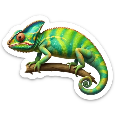 Giant Chameleon blending into natural surroundings, perched on a branch. Its vibrant colors shift with the environment. Lush greenery, branches, and soft sunlight create a peaceful, nature-filled background. Transparent background, showcasing the chameleon's colorful, textured skin. sticker