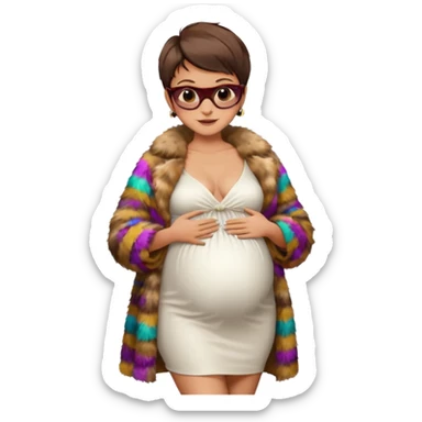 pregnant stylish woman with short pixie brunette hair happily touching her big belly while wearing white dress and fancy brown fur coat and colorful shades sticker