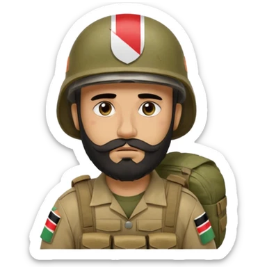 A very tired and sad, swarthy Iraqi soldier with a beard, an Iraqi flag on his helmet, a sad expression and bags under his eyes sticker