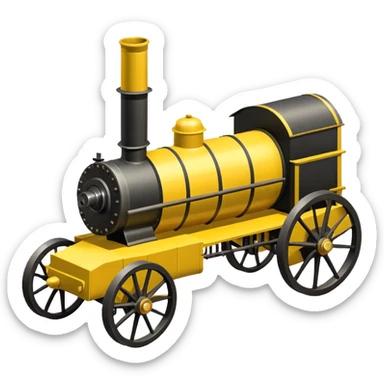 isometric Stephenson's Rocket vintage steam engine, yellow body, black wheels, simplified sticker