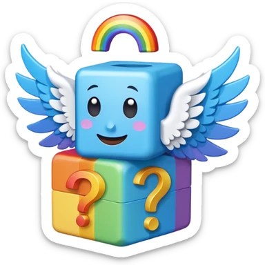  mainly blue and rainbow, the blue being the block itself. The rainbow parts are question marks, corner and smile. It has 2 white wings on each side like the other Lucky Blocks. sticker