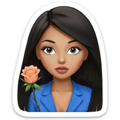 Glamours, tanned, very beautiful girl, with big pump peach-beige-rose lips, eyeliner, long lashes, black straight smooth silky long hair, straight parting hair, blue-grey eyes in black clothes for working profile sticker