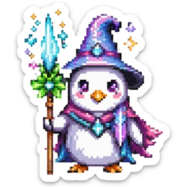 penguin wizard with magical sparkles, a unicorn, fairy, and tiny goblin companion sticker