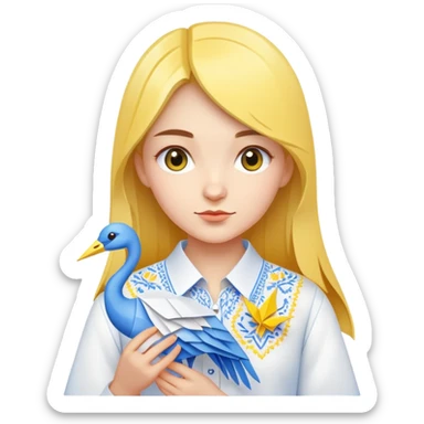 A Ukrainian young girl wearing a white embroidered shirt holds an origami yellow-blue crane sticker