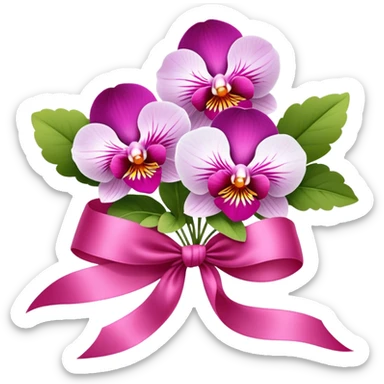 A bouquet of Orchid Pink pansies tied with a flowing Wild Strawberry ribbon. The vivid contrast of soft petals and bold silk creates a charming, romantic scene." sticker