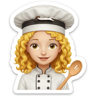 girl, yellow Long curly hair, happy, wearing chef uniform and chef hat sticker