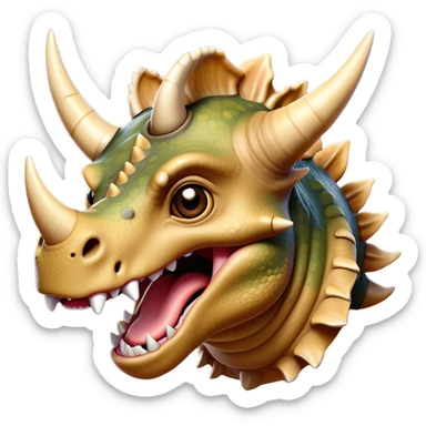 Cinematic Comical Triceratops Portrait Emoji, Head tilted dramatically with an exaggeratedly shocked expression, featuring a stout, armored body with three comically exaggerated horns and a frilled head, wide, comically expressive eyes full of playful disbelief, Simplified yet hilariously expressive features, highly detailed, glowing with a slightly sassy prehistoric glow, high shine, dramatic yet playful, stylized with an air of cheeky dinosaur mischief, soft glowing outline, capturing the essence of a meme-worthy Triceratops that looks ready to side-eye its way into viral fame! sticker