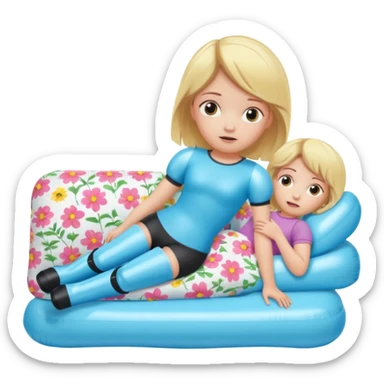 chica rubia con cara de miedo con unas botas de presoterapia inflables tirada en una cama sticker