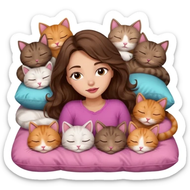 girl with long wavy brown hair, brown eyes, long lashes makeup, sexy pink lips, light to medium complexion,  sleeping on a cozy pillow, with 6 cats, sleeping sticker