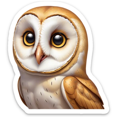 Cinematic Comical Barn Owl Portrait Emoji, Head tilted dramatically with an exaggeratedly amused expression, featuring a striking mottled plumage with bold contrasts, wide, expressive amber eyes filled with playful disbelief, Simplified yet hilariously expressive features, highly detailed, glowing with a slightly sassy glow, high shine, dramatic yet playful, stylized with an air of cheeky nocturnal mischief, bright and endearing, soft glowing outline, capturing the essence of a spirited and over-the-top owl, so meme-worthy it feels like it could hoot its way into internet fame instantly! sticker