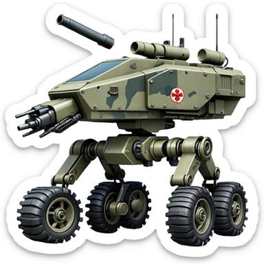 a roomy American 4-wheel armored medical personnel stealth camouflage army massive mech trail vehicle shooting forward side-hill leaning actively robotically articulating hydraulic independent suspended pod gimbal enemy mech off-road racing rover with large fast engine RC basher crawler megatron  sticker