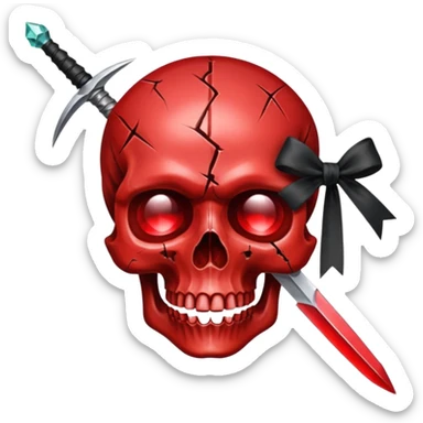 make me a red crystal skull partly see thew super gem like make it realistic and held together by a black bow and a small dager to the eye with cracks coming from it have the bow be loosly tied around the skull holding it together make the blade super realistic  sticker
