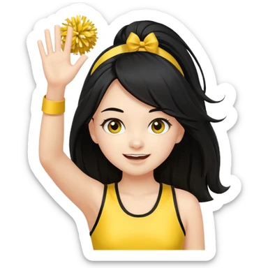 A long black hair teen girl waving pom-poms, eyes sparkling with excitement, yellow cheer leader top sticker