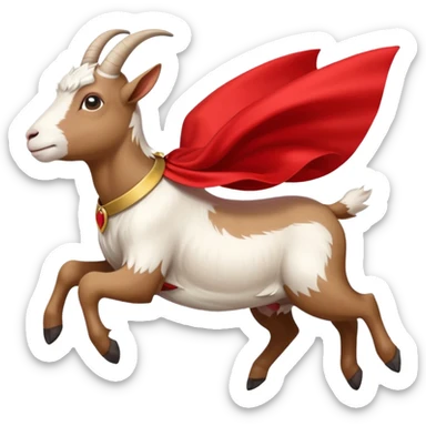 side view of white female goat wearing a read cape like superman sticker