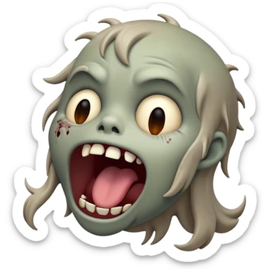 Cinematic Cute Yawning Zombie Portrait Emoji, with a delightfully quirky, slightly disheveled face in muted ashen tones, head tilted back in a big, funny yawn that reveals quirky stitches and playful gaps, simplified yet irresistibly charming, highly detailed with a soft, eerie glowing outline capturing the sleepy, offbeat vibe of a zombie taking a nap! sticker