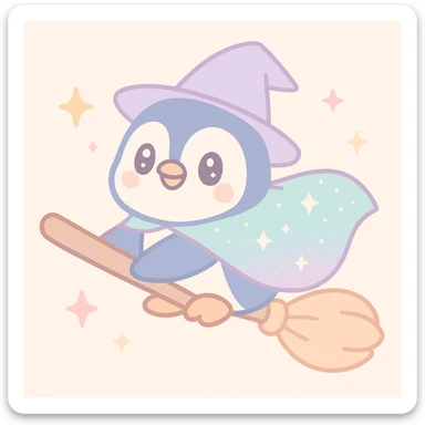 a playful penguin wizard flying on a broomstick, with a sparkling cape and magical effects sticker
