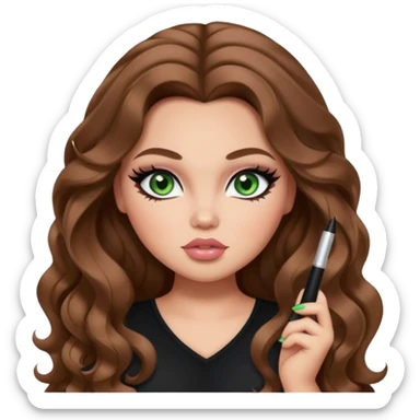  long brown wavy hair, light skin, green eyes, pretty bratz baddie, big plus size , black eyeliner, blush sticker