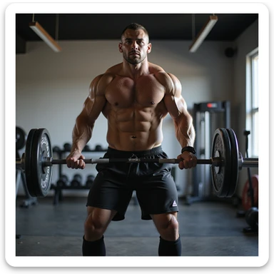 Uomo che si allena in palestra, esegue squat con bilanciere, abbigliamento sportivo, fisico atletico, atmosfera motivazionale, dettagli iperrealistici 4K, ambiente moderno da palestra. sticker