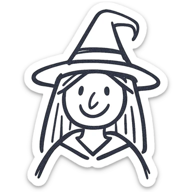 witch icon, hand drawn style, sketchy black lines, whimsical and playful sticker