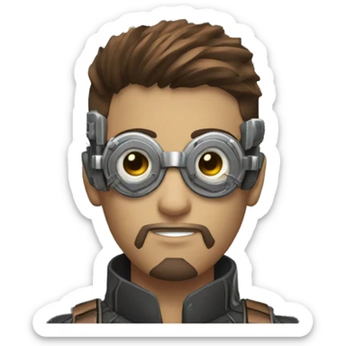 male cyborg head with brown short hair, brown beard, silver steampunk goggles and circuits sticker