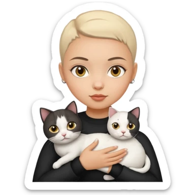 HAZEL EYES , BLACK BUZZ CUT LIGHT SKIN ROUND FACE GIRL hold cat white  sticker