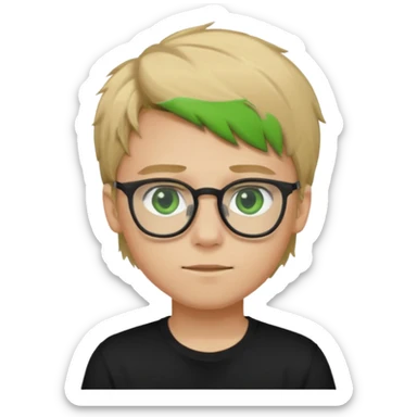 Generate me a profile picture like with a teenage boy who has dirty blond hair, green eyes, glasses and a black t-shirt sticker