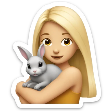 Blond straight hair girl cuddling a small honey grey rabbit sticker