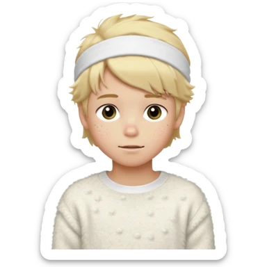 create-a-look-for-a-blond-boy-with-long-tousled-hair-light-eyes-a-white-sweat + fluffy white sweater + styled hair blonde with hair to the side cute + cute face with freckles  medium hair fluffy to the side no long hair cute hair blonded no messy medium height blue eyes cute + headband fluffy sticker
