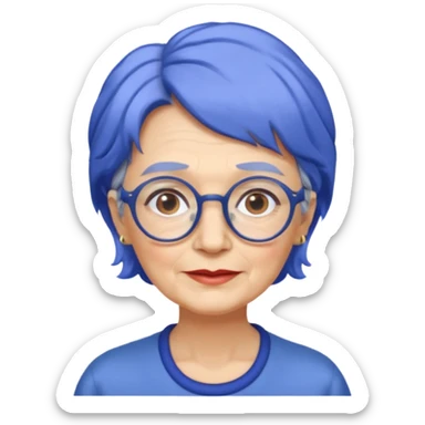 old lady with cobalt hair, wearing glasses, slight curl short hair, long face sticker