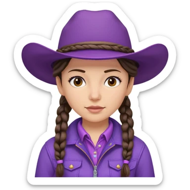 Brunette cowgirl with braids and soft purple hat and jacket sticker