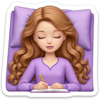White Barbie girl Chestnut long wavy hair sleeping with In lavender clothes, he writes in a notebook sticker