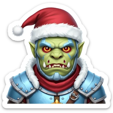 
Fantasy Christmas orc legion soldier icon, iron tundra army theme, heavy winter armor, disciplined brutal look, icy blue steel armor with deep crimson accents, frozen metal texture, cold winter atmosphere, male variant sticker