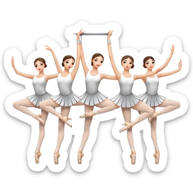 Icon for Choreography: a group of dancers in identical poses, standing by a wall with all wall long mirror, holding a long barre with one hand. The icon should capture the discipline and synchronized movement of dance training. Transparent background. sticker
