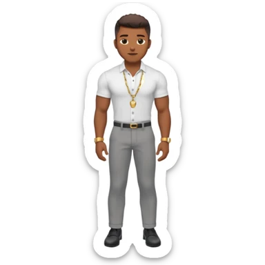 Handsome Black guy with brown skin tone, with lean muscular build, wearing gray slacks, a white button up top, black shoes, and a gold chain sticker