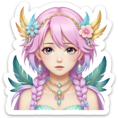 Beautiful gorgeous anime lady with beautiful pastel-special-hair, fashion aesthetic, ethereal, fairycore, pastelcore, feather, flower, crystals, accessories, jewelries, gold, colorful, gold laurel sticker