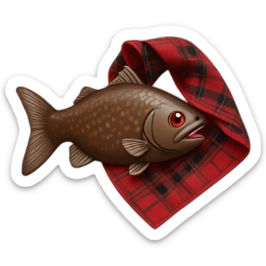 Chocolate brown colored doodle with a red and black flannel hankerchief holding a plush trout fish chew toy sticker