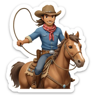 clash-of-clans-aesthetic_-cinematic-playful-cowboy-portrait-emoji, head-tilted with a roguish, cheeky grin and twinkling eyes, featuring a rugged, spirited build with a wide-brimmed cowboy hat and a weathered bandana on tan skin, riding a powerful galloping horse with dynamic flowing mane, reins gripped firmly in one hand and a lasso in the other, as dust swirls behind them in a vast desert landscape. sticker