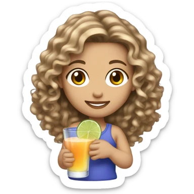 Long curly brown hair with blonde highlights, white skin with a cocktail sticker