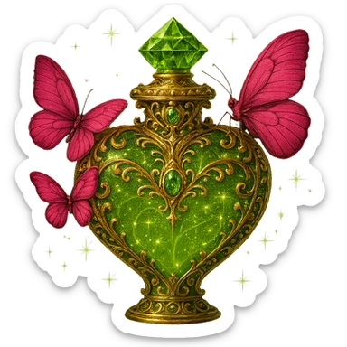 Enhance the bottle in the image by adding luxurious details such as elegant golden accents, intricate filigree, and small gemstones to make it look more opulent and impressive. Keep the composition and number of pink butterflies, the #c0ff53 glitter liquid, magical dust, crystal neck, and maintain the transparent background as PNG. sticker