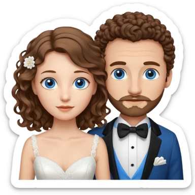 wedding couple, woman has long lightly curled brown hair and blue eyes, man has short light brown curly hair and facial hair with blue eyes sticker