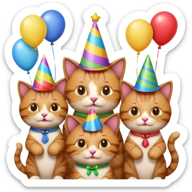six male cats celebrating at a birthday party, festive, colorful, playful, each cat with a unique party accessory, emoji style sticker