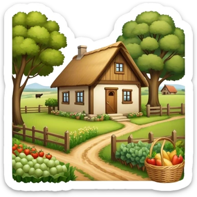 Icon for Rural Tourism: a peaceful countryside scene with a wooden cottage, a dirt path, grazing animals, and a basket of fresh produce. The icon should represent the tranquility and charm of rural life. Transparent background. sticker