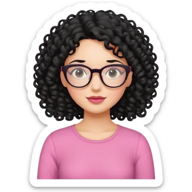 Fair girl with curly black hair and glasses wearing a pink top sticker