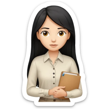 a light tan woman with long black hair past mid-back, round brown eyes, white button up v shirt, and manila folder in her hands. sticker