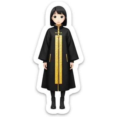 A long black anime style coat with a straight silhouette, reaching below the knees. On the center of the back, bold vertical golden Japanese kanji characters are printed glowing slightly against the dark background. The coat has a high collar and long sleeves. sticker