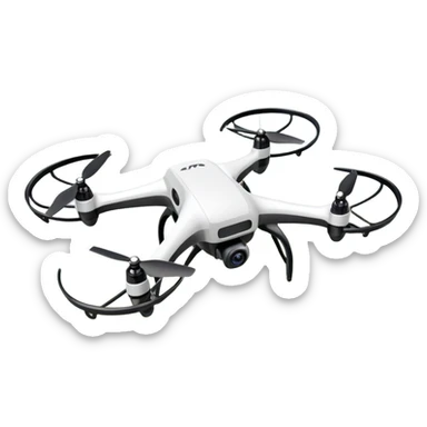 An icon showing a racing quadcopter drone in the foreground, flying at high speed through a course filled with obstacles and checkpoints. Other drones zoom in the background over a dynamic landscape. Transparent background highlights the thrill and precision of drone racing. sticker