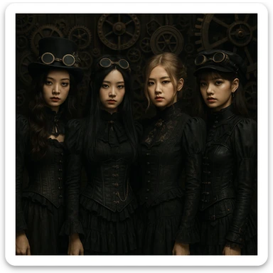 Blackpink in steampunk goth style, gears, goggles, Victorian fashion, dark palette sticker