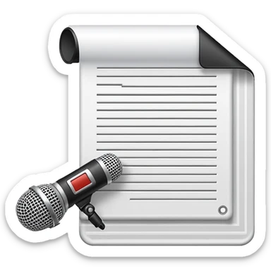 iconography design suitable for emoji reaction; pixel art: white document with a folded top-right corner and horizontal lines, outlined in a brick pattern. At the top center of the document is an icon indicating ai. In front of the document a microphone icon sticker