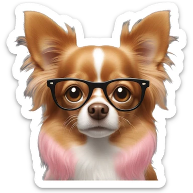 red longhaired chihuahua with a white spot on his forehead and a pink nose in black glasses sticker